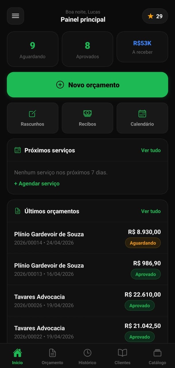 Tela inicial do app ORE mostrando painel com orçamentos recentes